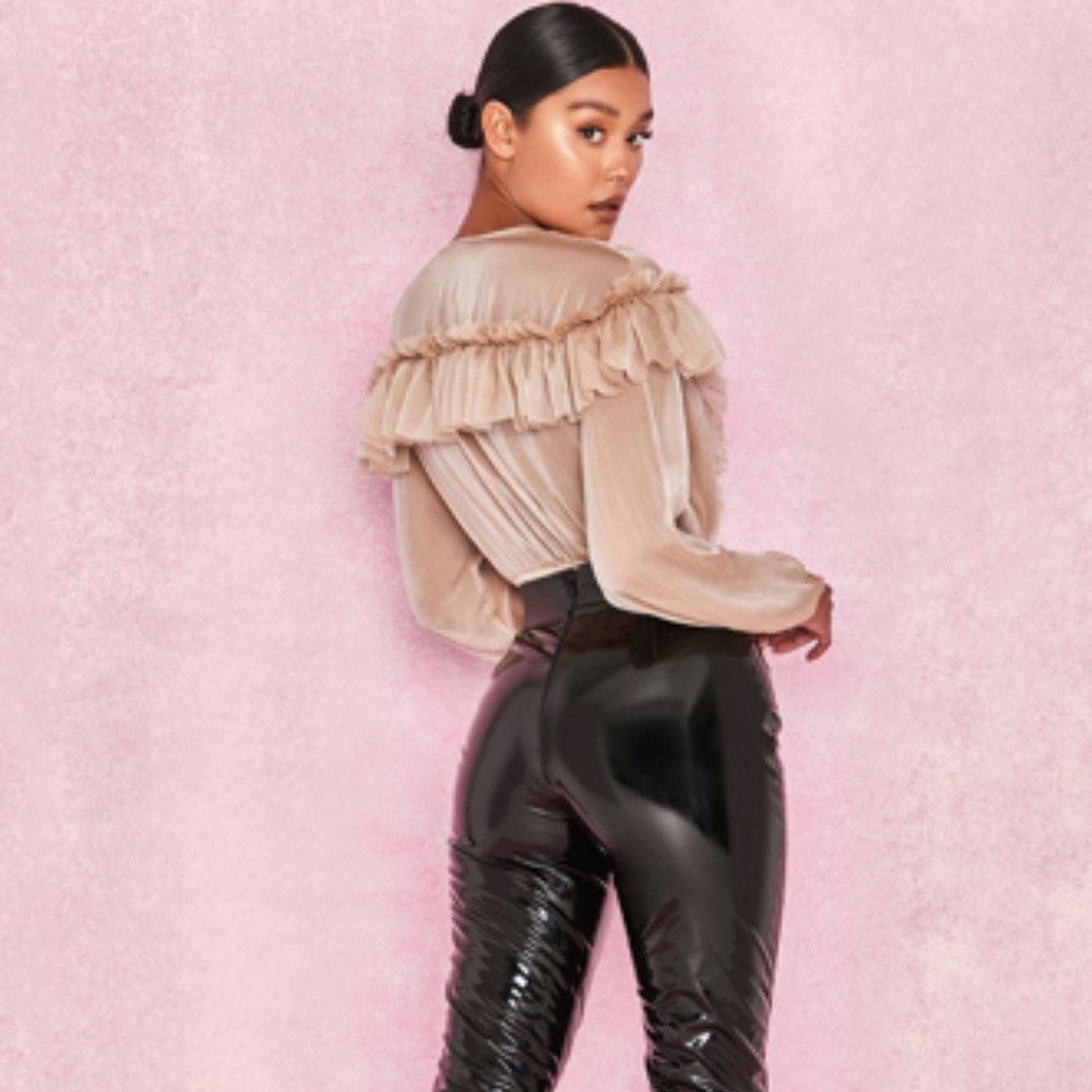 House of CB 'Anaya' Beige Ruffle Plunge Bodysuit